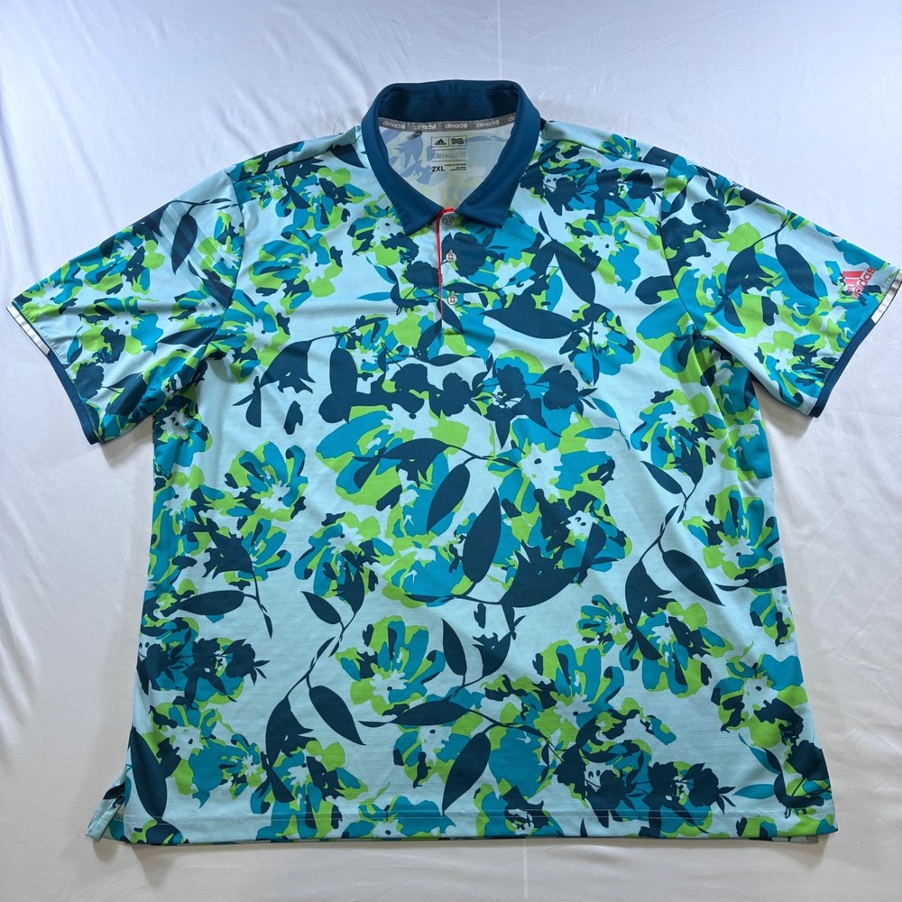 Adidas Climachill Golf Polo Mens 2XL Blue Green Floral Camo Performance Shirt
